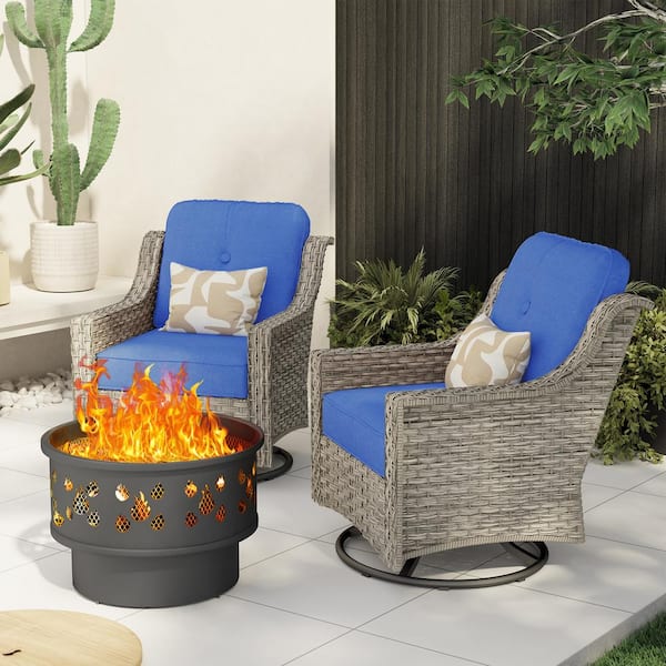 Toject Eureka Gray 3-Piece Wicker Patio Conversation Swivel Chair Set with a Wood-Burning Fire Pit and Navy Blue Cushions