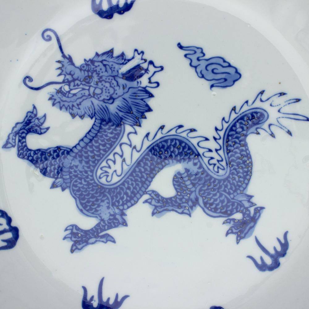 Elegant Dragon Blue & White Porcelain Decorative Bowl 14"