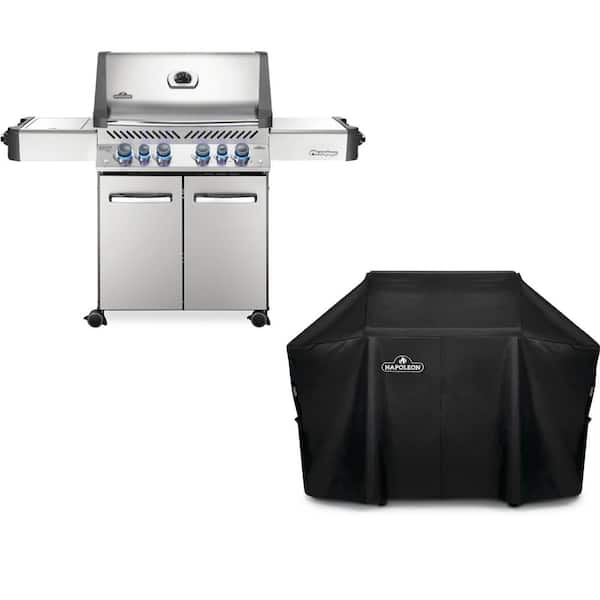 Prestige 500 4-Burner Propane Gas Grill in Stainless Steel with Infrared Burners and Rotisserie Kit with Grill Cover