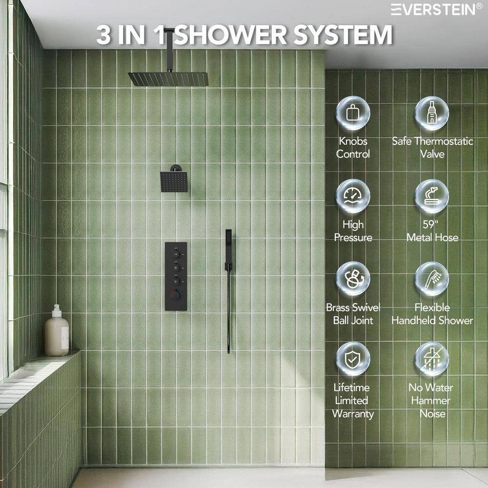 Matte Black Stainless Steel Dual Shower Head System with Thermostatic Valve