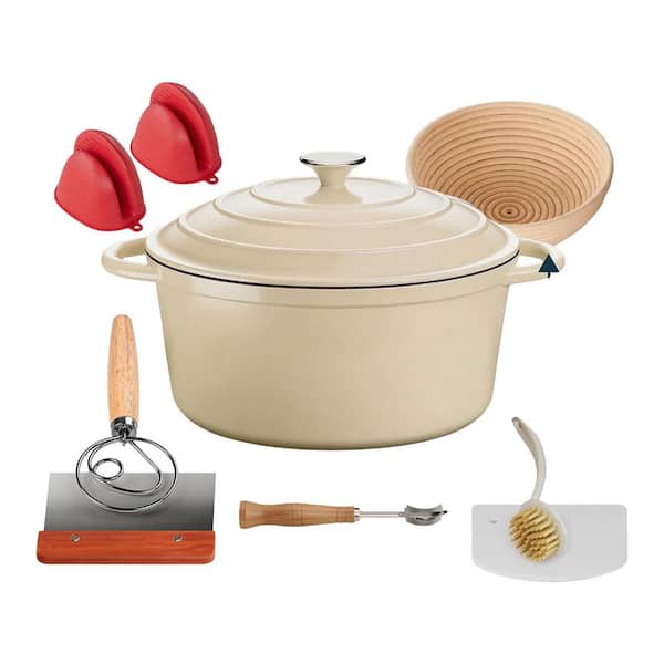 5 qt. Round Enameled Cast Iron Dutch Oven with Lid in White, Multi-Purpose Bread Pan for Baking and Cooking