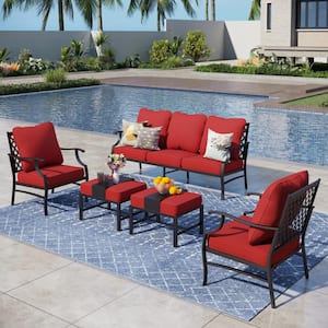Black 5-Piece Metal Meshed 7-Seat Outdoor Patio Conversation Set with Red Cushions and 2 Ottomans
