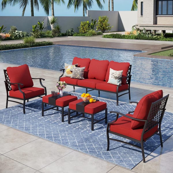 PHI VILLA Black 5-Piece Metal Meshed 7-Seat Outdoor Patio Conversation Set with Red Cushions and 2 Ottomans