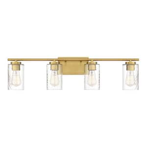 32 in. W x 8.63 in. H 4-Light Natural Brass Bathroom Vanity Light with Clear Cylinder Glass Shades