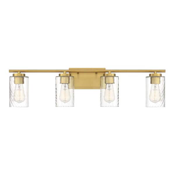 32 in. W x 8.63 in. H 4-Light Natural Brass Bathroom Vanity Light with Clear Cylinder Glass Shades