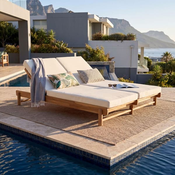 Trista Light Teak Finish Solid Wood Adjustable Patio Outdoor Double Chaise Lounges with Cream Cushions
