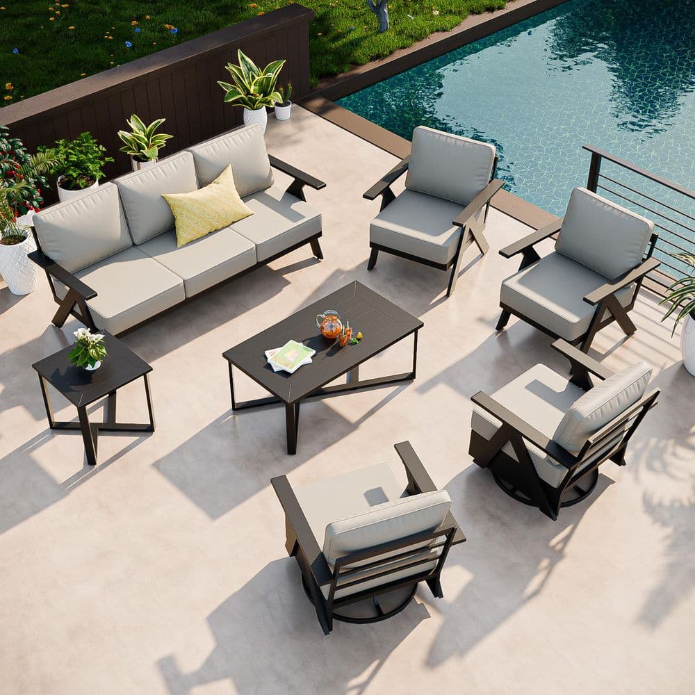 7-Piece Black  Patio Conversation Set with Beige Cushions and Coffee Table