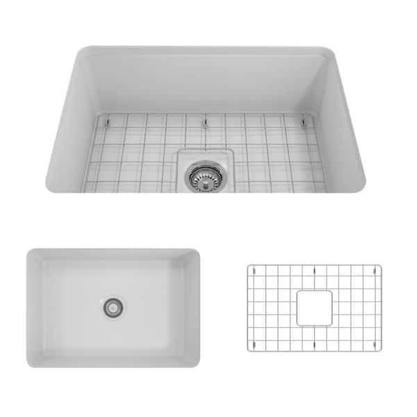 BOCCHI Sotto Undermount Fireclay 27 in. Single Bowl Kitchen Sink with Bottom Grid and Strainer in Matte White