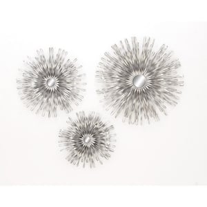 Metal Silver Sunburst Wall Decor with Mirror Accent (Set of 3)