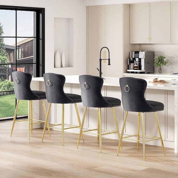 Lirago Black Velvet Counter Height Bar Stool with Metal Legs (Set of 2)