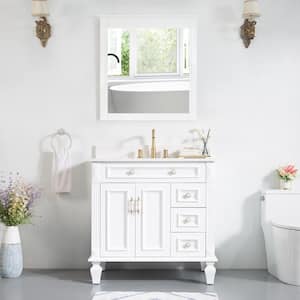 36 in. W x 22 in. D x 35 in. H Single Sink Bath Vanity in White with White Quartz Top and Mirror