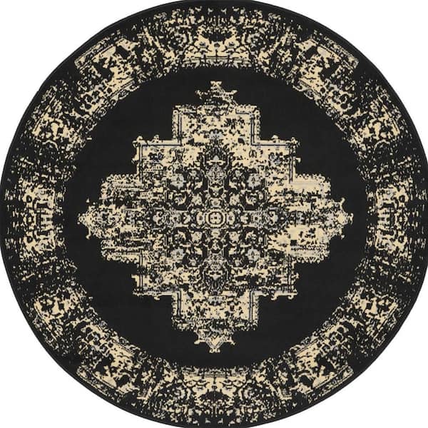 5 ft. Round Black Medallion Washable Area Rug