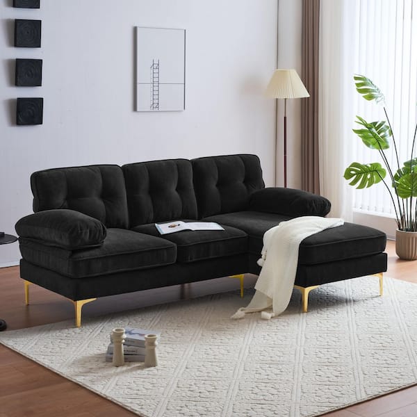 82.6 in. Square Arm Chenille L-Shaped Sofa in Black (Seats 3)