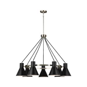 Towner 7-Light Brushed Nickel Mid-Century Modern Hanging Chandelier with Black Shades with LED Bulbs