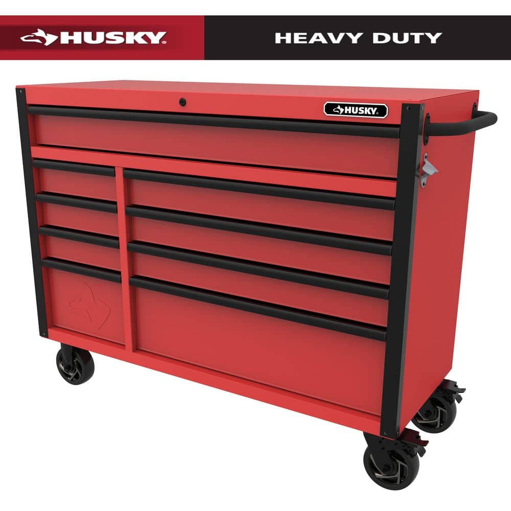 Husky Heavy-Duty 52 in. W x 20 in. D 9-Drawer Matte Red Rolling