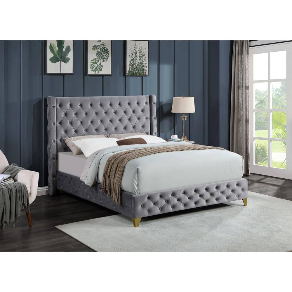 Oakdale King-Sized Platform Bed with Tufted Velvet Headboard in Gray
