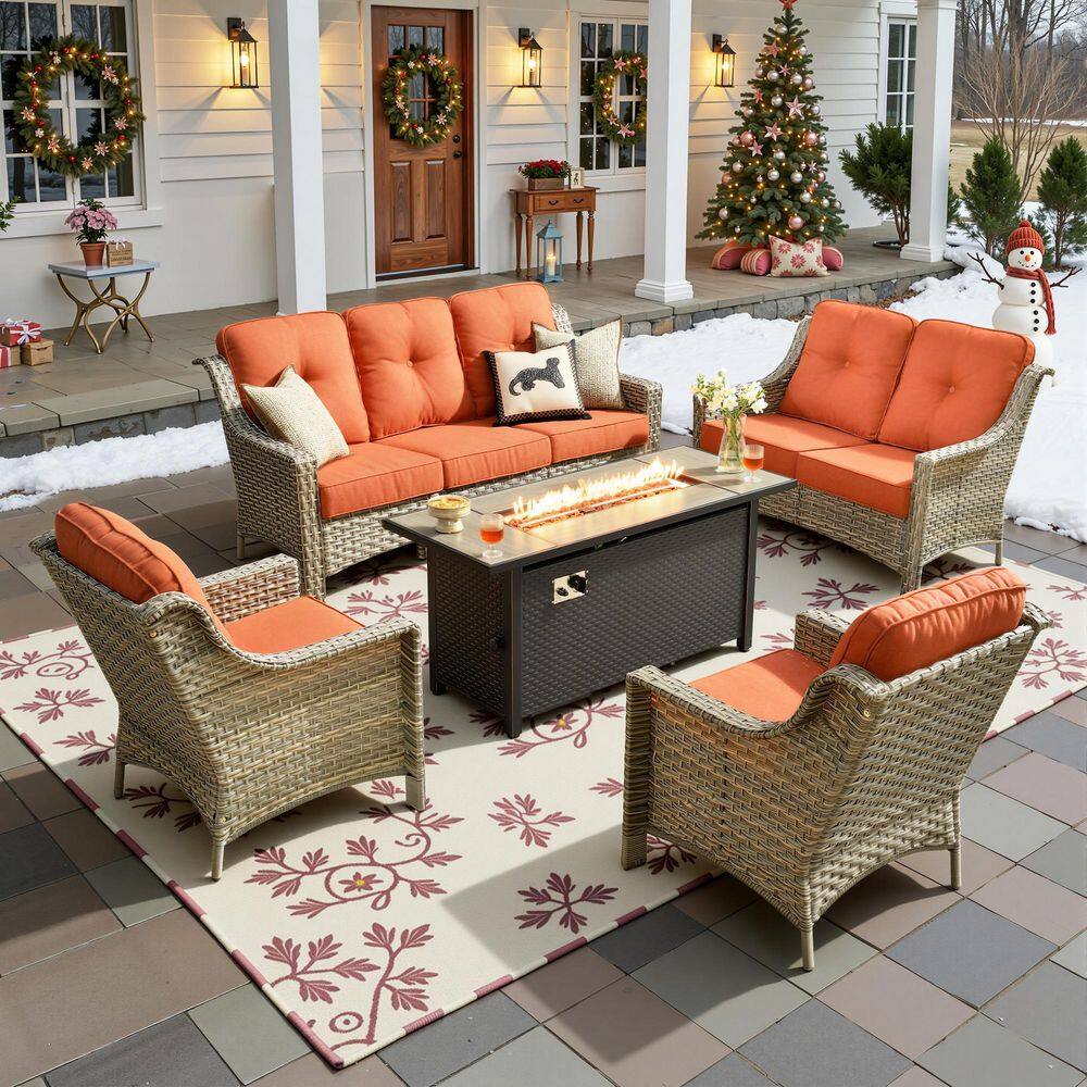 Eureka 5-Piece Wicker Outdoor Fire Pit Patio Conversation Sofa Seating Set with Red Cushions price history on PriceWatchPro