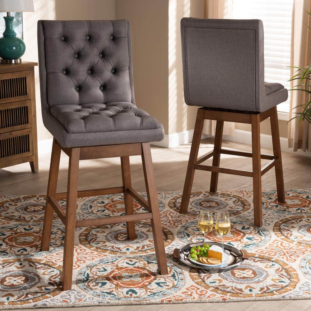 Gregory Walnut & Grey Swivel Bar Stool Set with Button Tufting