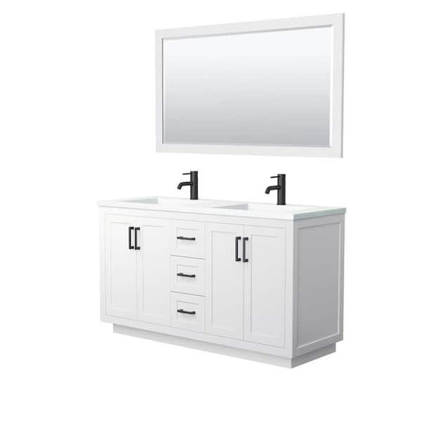 Wyndham Collection Miranda 60 in. W Double Bath Vanity in White with Solid Surface Vanity Top in White with White Basins and Mirror