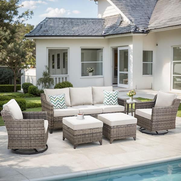 6-Piece Wicker Patio Conversation Set with Beige Cushions, Curved handrail