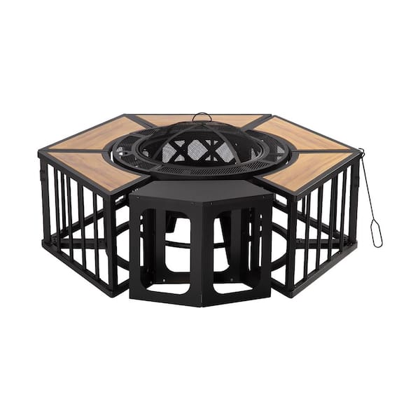 INMITOM 51 in. Wood-Burning Fire Pit with Grill and Wood-Grain Side Tables-Includes Lids, Fire Poker-Perfect for Outdoor BBQs