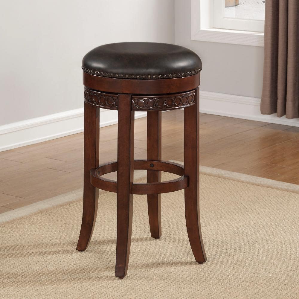Cherry Finish Backless Swivel Counter Stool with Brown Leather Cushion