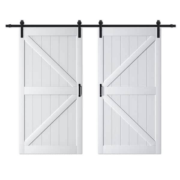 ARK DESIGN 84 in. x 84 in. White Primed K-Shape MDF Double Sliding Barn Door with Hardware Kit and Soft Close