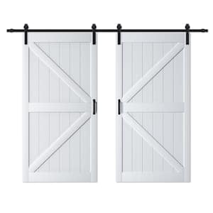 96 in. x 84 in. White Primed K-Shape MDF Double Sliding Barn Door with Hardware Kit and Soft Close