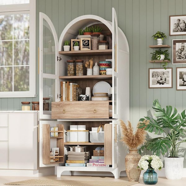 Farmhouse White Wood 29.9 in. Kitchen Island Arched Kitchen Pantry Cupboard Cabinet with Open and Adjustable Shelves