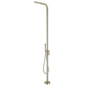 Outdoor Exposed 3-Handle Freestanding Tub Faucet with Rainfall Shower Head in Brushed Gold