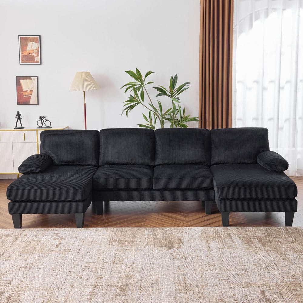111 in. Pillow Top Arm 3-Piece U-Shaped Corduroy Modern Sectional Sofa in Black price history on PriceWatchPro