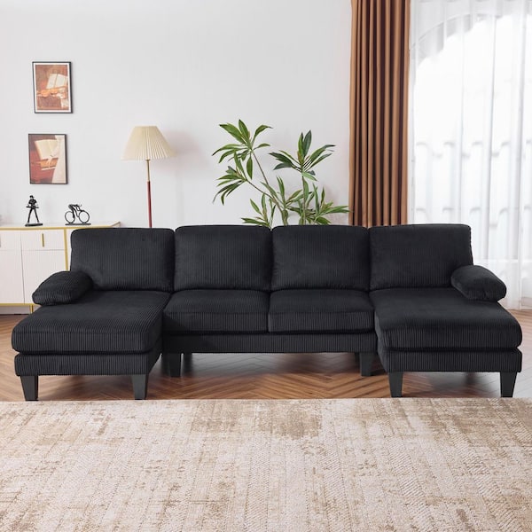 111 in. Pillow Top Arm 3-Piece U-Shaped Corduroy Mordern Sectional Sofa in Black