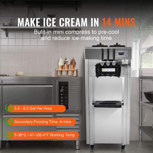 Commercial Soft Ice Cream Machine Silver 3 Flavors 5.3-7.4 Gal. /Hr 4.5 qt. 2200W Auto Clean LCD Panel Ice Cream Maker
