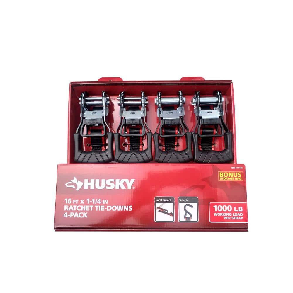 Husky 16 ft. 1.25 in. Ratchet Tie-Down Straps with S-Hook (4-Pack) FH0836E  The Home Depot