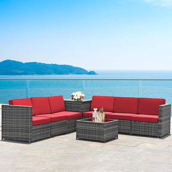 8-Piece Rattan Corner Outdoor Sectional Sofa Patio Conversation Furniture Set With Red Cushion