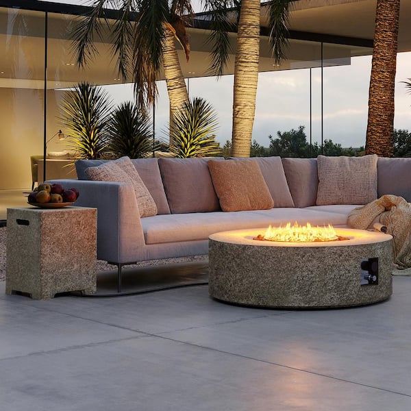 42 in. Round Magnesium Oxide Outdoor Fire Pit Table with Tank Cover and Rain Cover in Beige