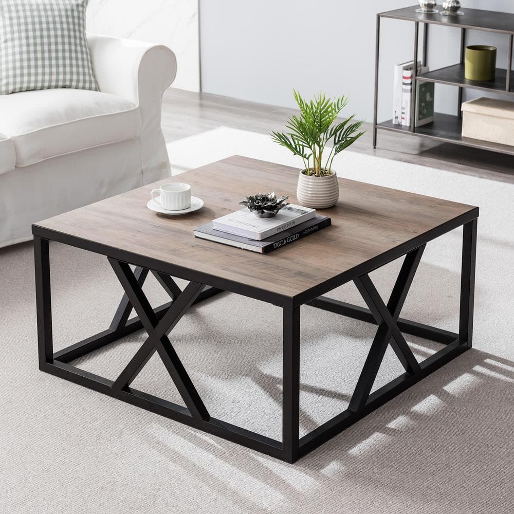 Gray Oak and Blackened Bronze Square Coffee Table with Storage
