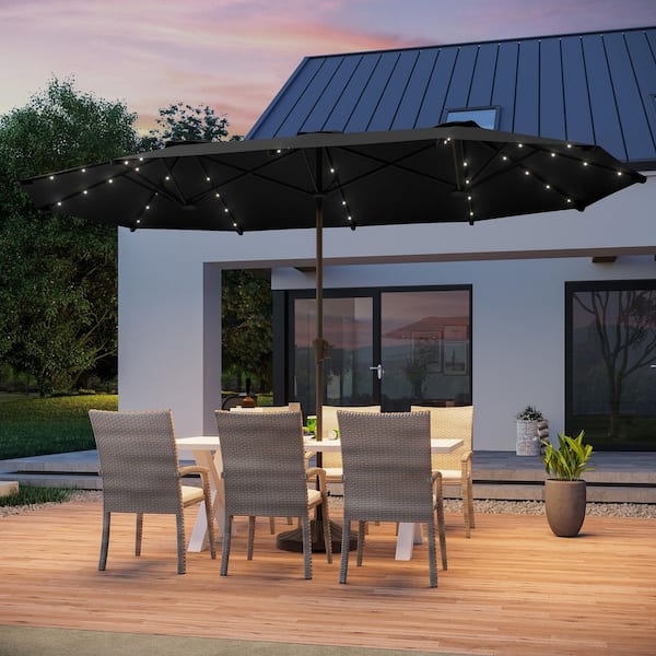 13 ft. x 7.2 ft. Steel Solar-Powered Double-Sided Market Patio Umbrella with Large Canopy Outdoor Table Umbrella Black