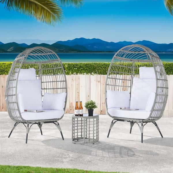 BFB 3-Piece Wicker Round Side Table Outdoor Bistro Set Wicker Egg Chair with White Cushion