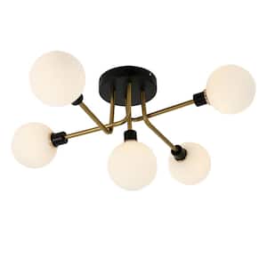 40-Watt 5-Light Gold and White Modern Pendant Light with White Glass Shade for Bedroom Dining Room, No Bulbs Included