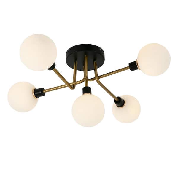 OUKANING 40-Watt 5-Light Gold and White Modern Pendant Light with White Glass Shade for Bedroom Dining Room, No Bulbs Included