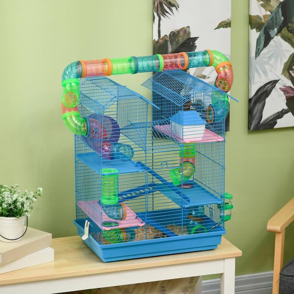  PawHut Wooden Large Hamster Cage Small Animal Exercise Play  House 3 Tier with Tray, Seesaws, Water Bottle, Activity Center : Pet  Supplies