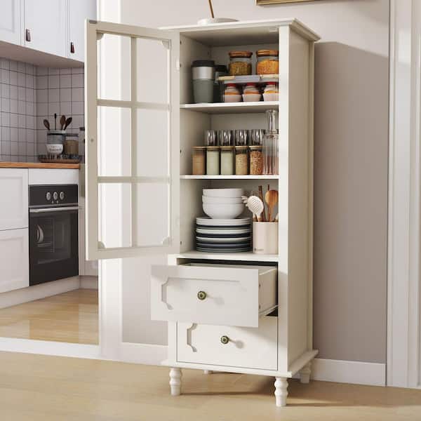 Nell White Wood 52.4 in. Minimalism Buffet Cabinet with Glass Door and Double Drawers, Modern Wooden Storage