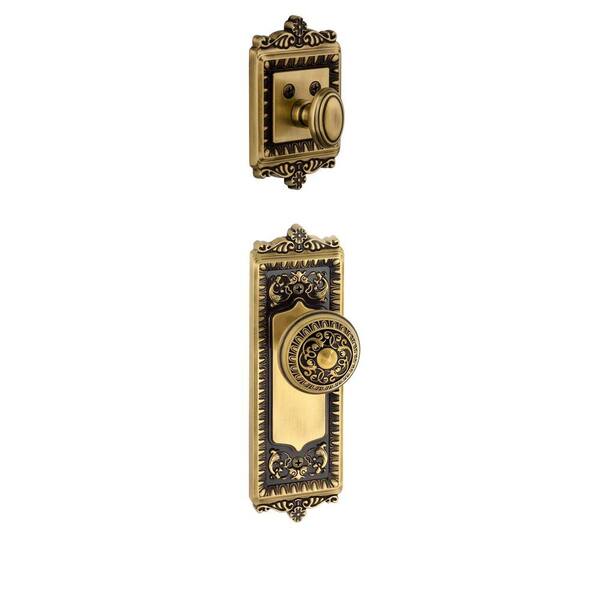 Grandeur Windsor Single Cylinder Vintage Brass Combo Pack Keyed Differently with Knob and Matching Deadbolt