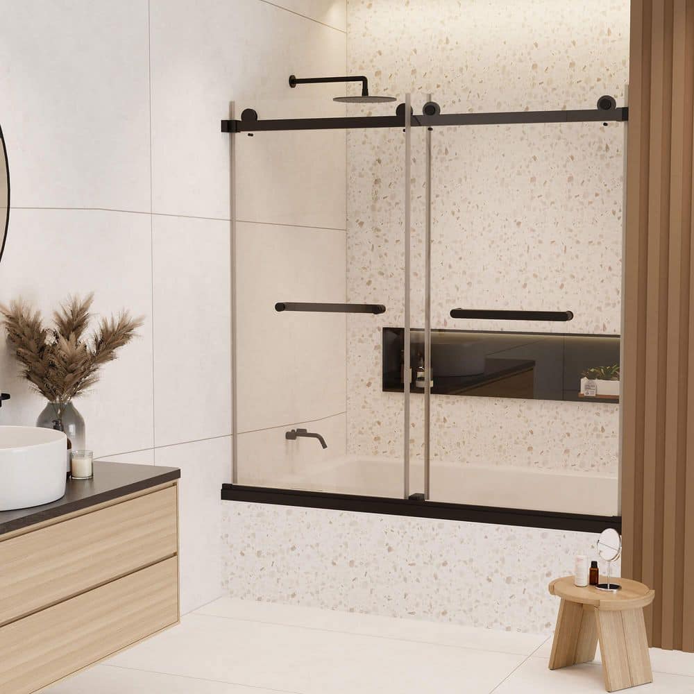 60 in. W x 66 in. H Double Sliding Door in Black with Clear Glass price history on PriceWatchPro