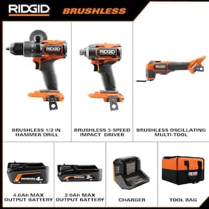 18V Brushless Cordless 3-Tool Combo Kit w/ Hammer Drill, Impact Driver, Oscillating Multi-Tool, Batteries, Charger & Bag