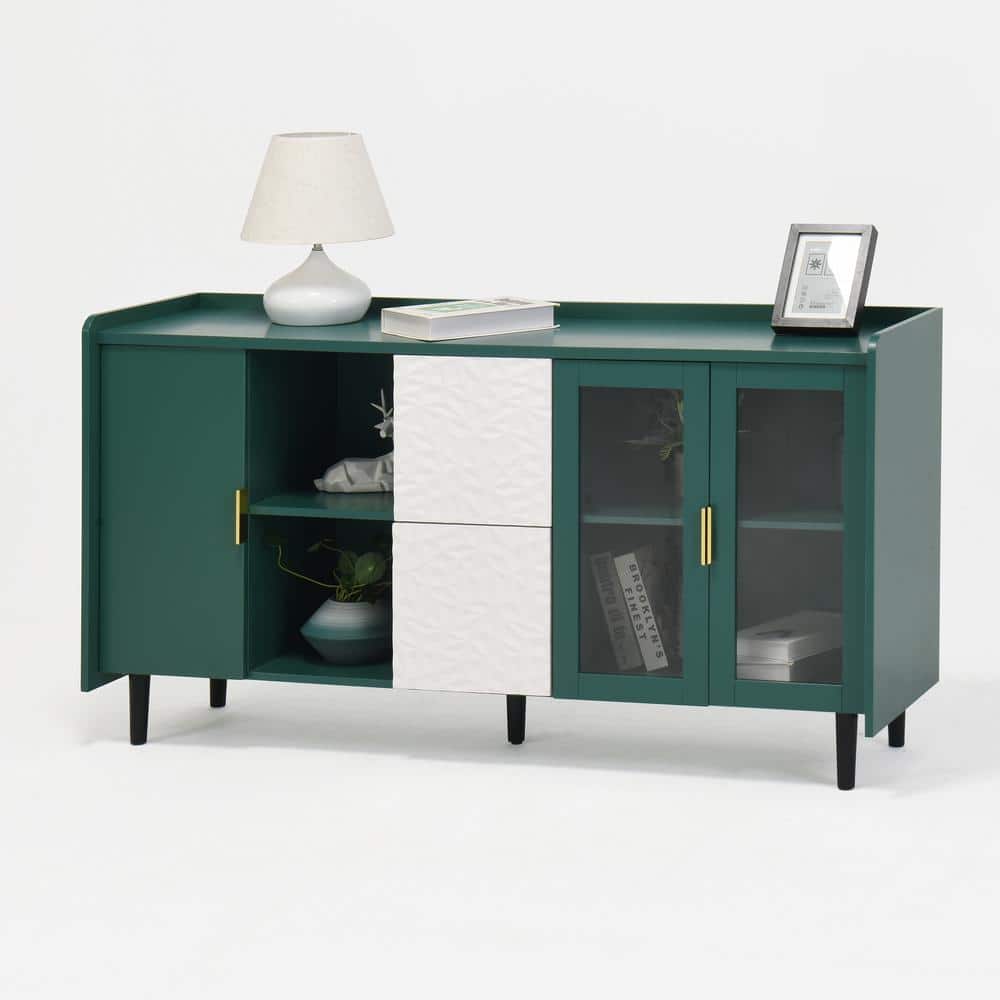 Green Modern Wood Pantry Organizer with 2-Drawers, 2-Open Storage Compartme