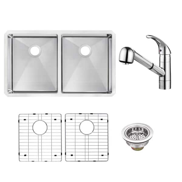 32 in. Undermount 50/50 Double Bowl 16-Gauge Handmade Stainless Steel Kitchen Sink with Pull-Out Chrome Kitchen Faucet
