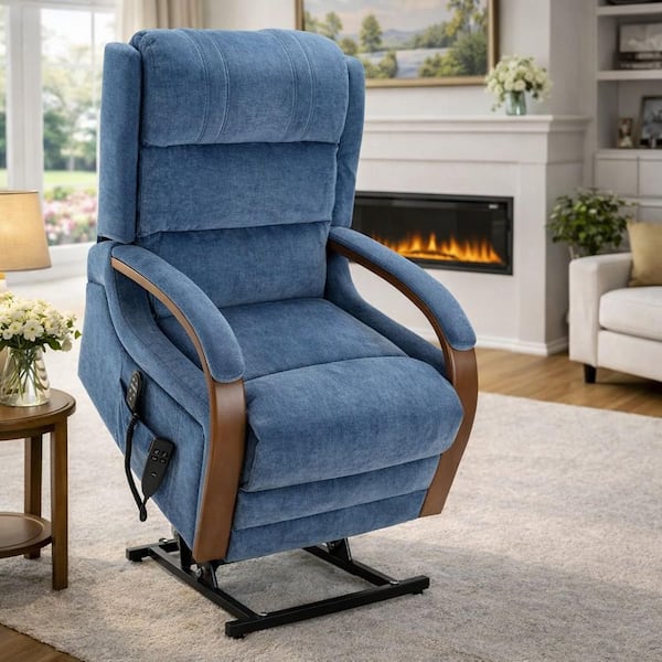 Blue Chenille Power Lift Recliner Chair with Dual Motor, Heat Massage, Solid Wood Arms, 350 lbs. Capacity