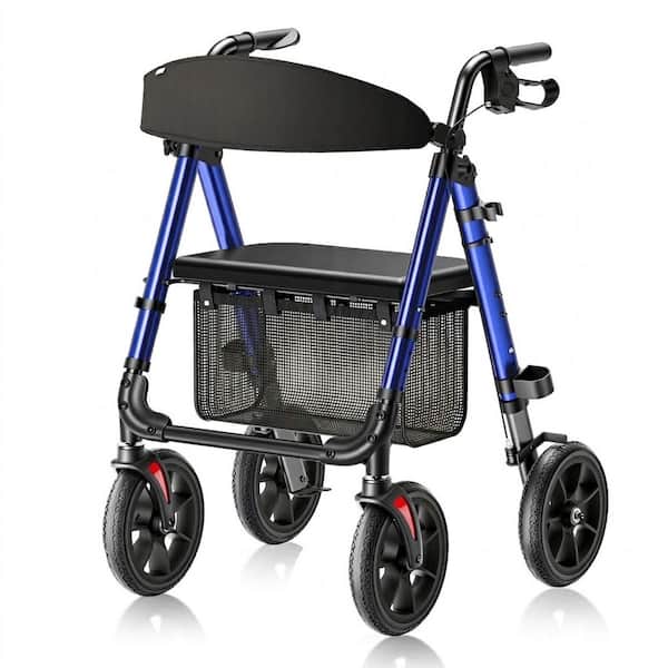 10 in. Wheels Adjustable Height Foldable Rolling Walker with Seat for Seniors All Terrain Aluminum Frame Blue